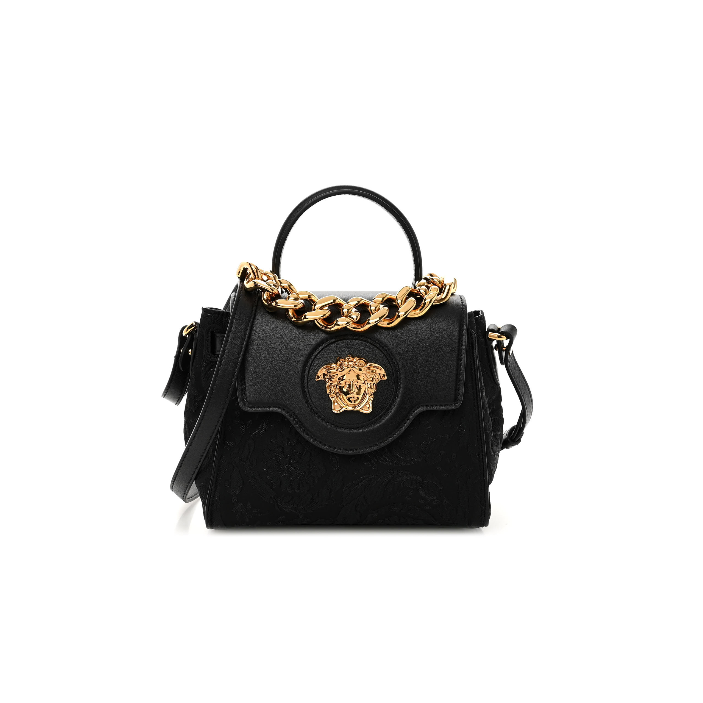 VERSACE CALFSKIN LUREX CLOQUET SMALL LA MEDUSA CHAIN TOP HANDLE HANDBAG BLACK  (20*17*10cm)