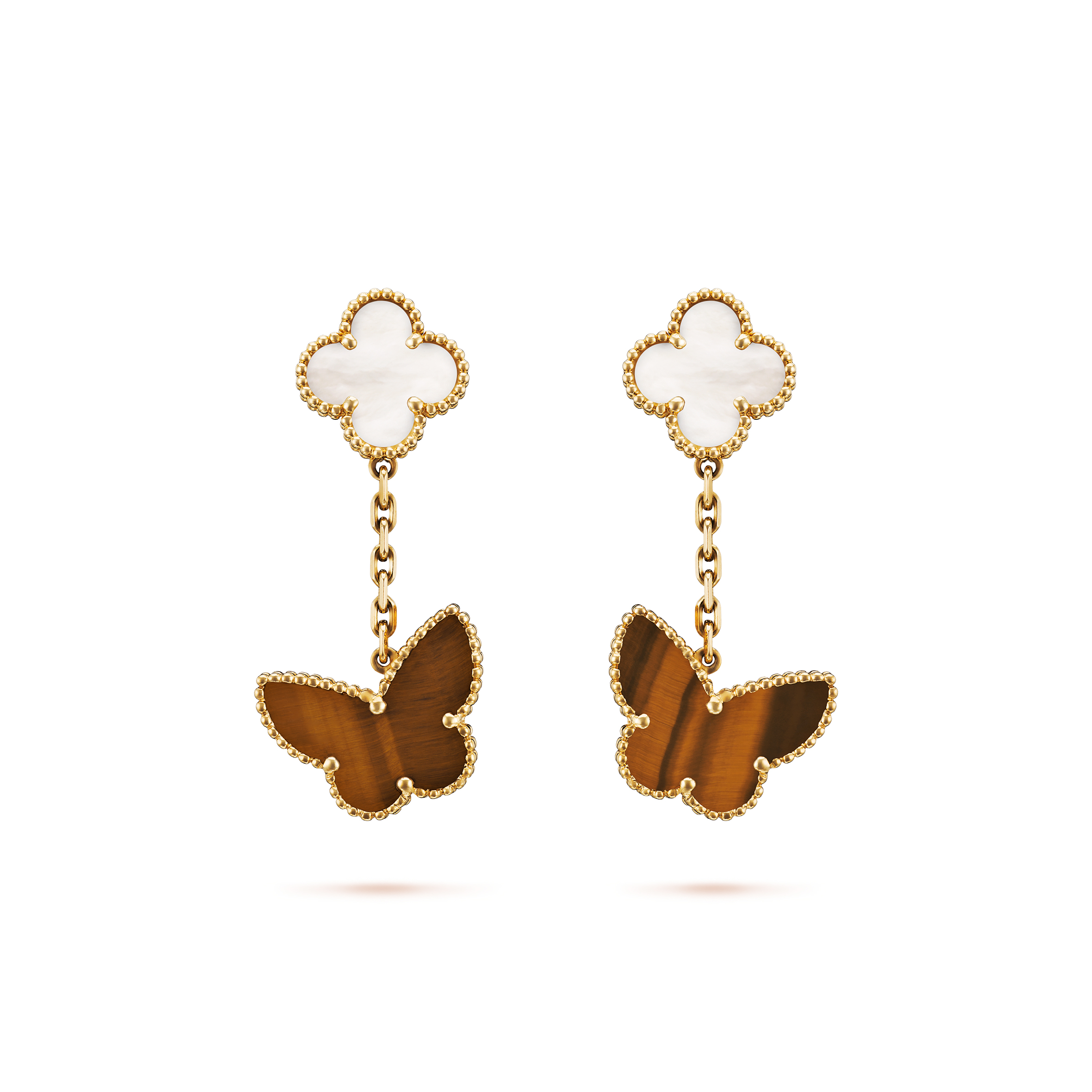 VAN CLEEF ARPELS LUCKY ALHAMBRA EARRINGS, 2 MOTIFS - YELLOW GOLD, MOTHER-OF-PEARL, TIGER EYE   VCARD79800