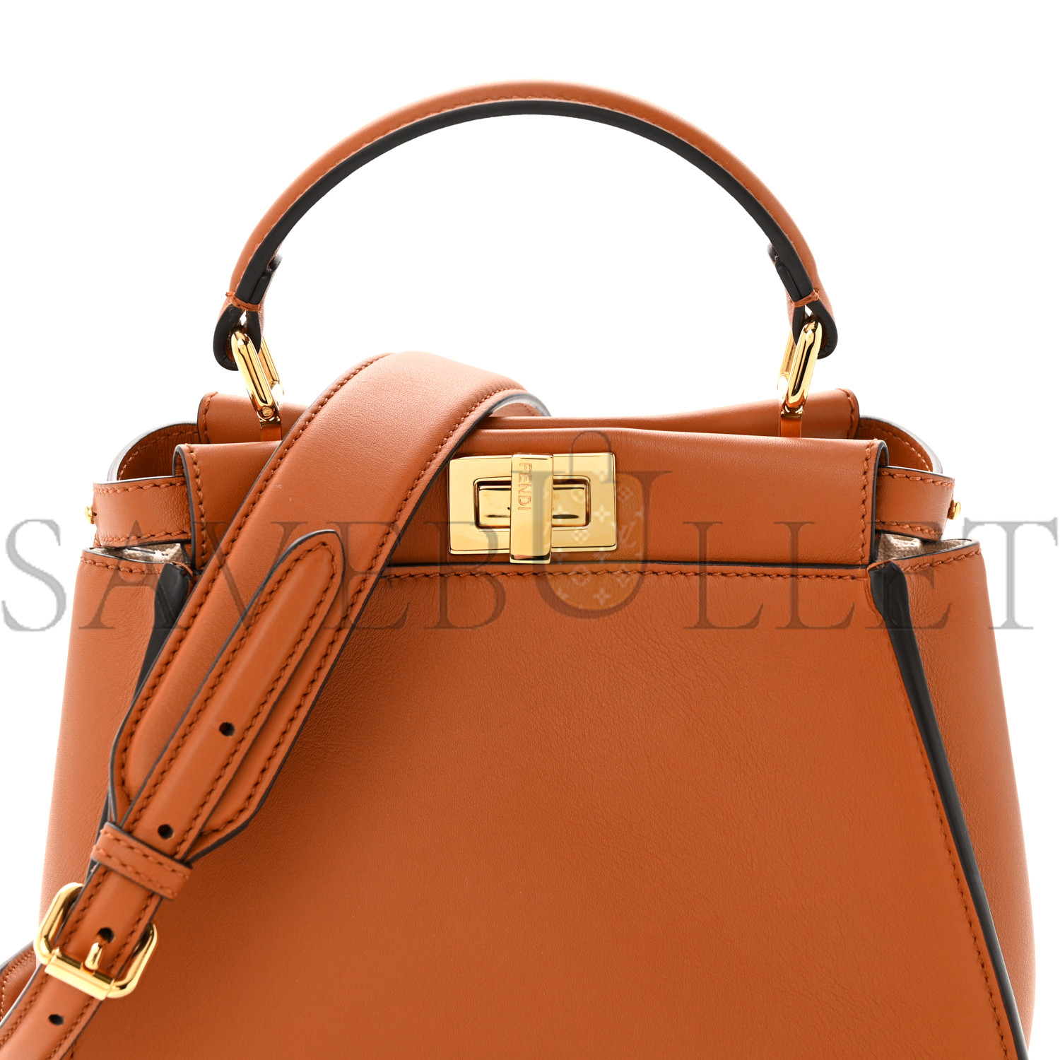 FENDI VITELLO SETA CANVAS FF EMBROIDERED MINI PEEKABOO ICONIC SATCHEL BRANDY GREZZO (23*18*11cm)