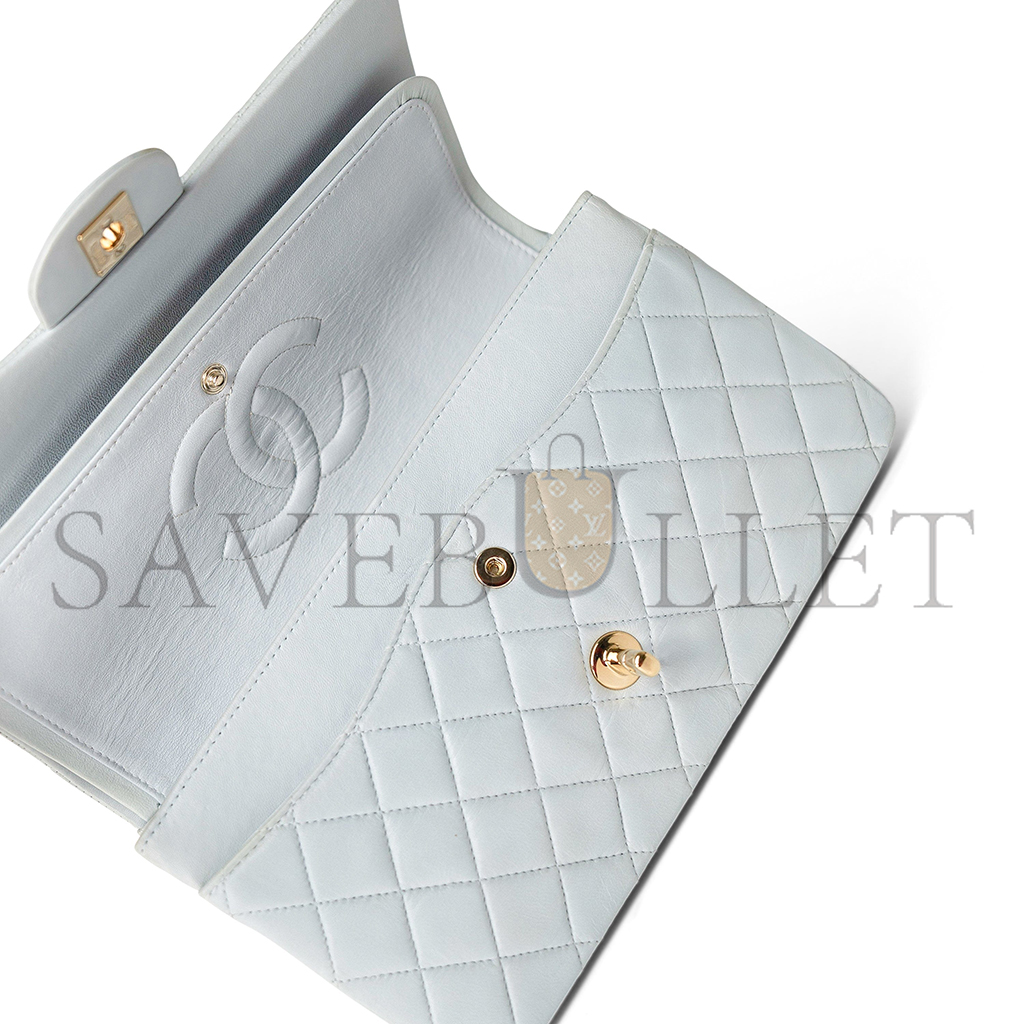 CHANEL VINTAGE LIGHT BLUE LAMBSKIN QUILTED CLASSIC FLAP MEDIUM GOLD HARDWARE (25.5*15*7cm)