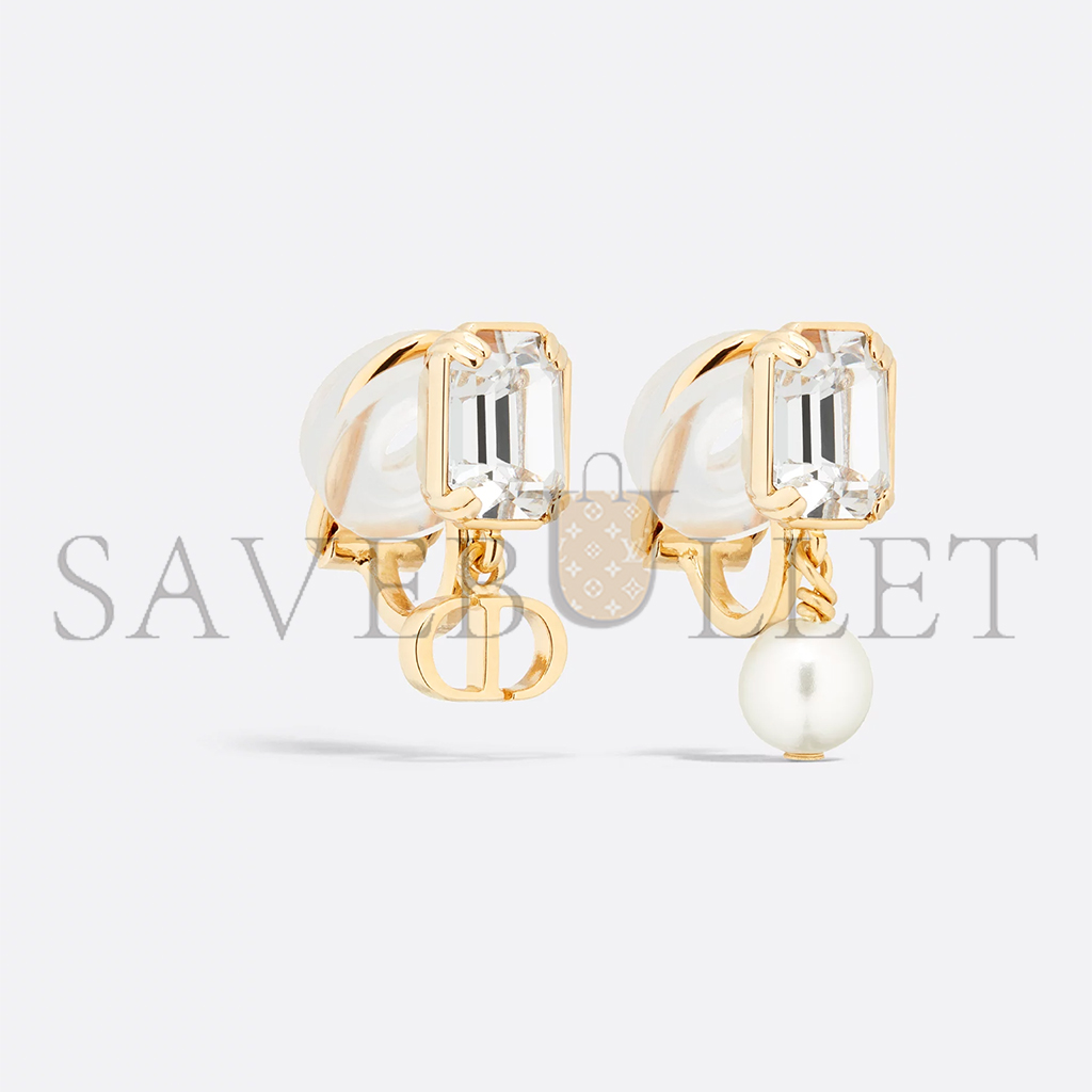 DIOR PETIT CD CLIP-ON EARRINGS GOLD-FINISH METAL WITH A WHITE RESIN PEARL AND SILVER-TONE CRYSTALS E3603WOMCY_D03S