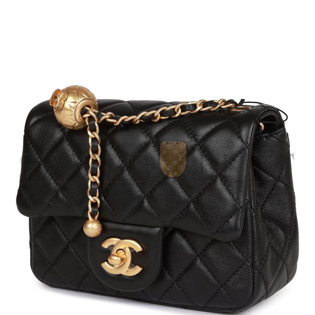 CHANEL PEARL CRUSH MINI SQUARE FLAP BAG BLACK LAMBSKIN ANTIQUE GOLD HARDWARE  (17*14*8cm)