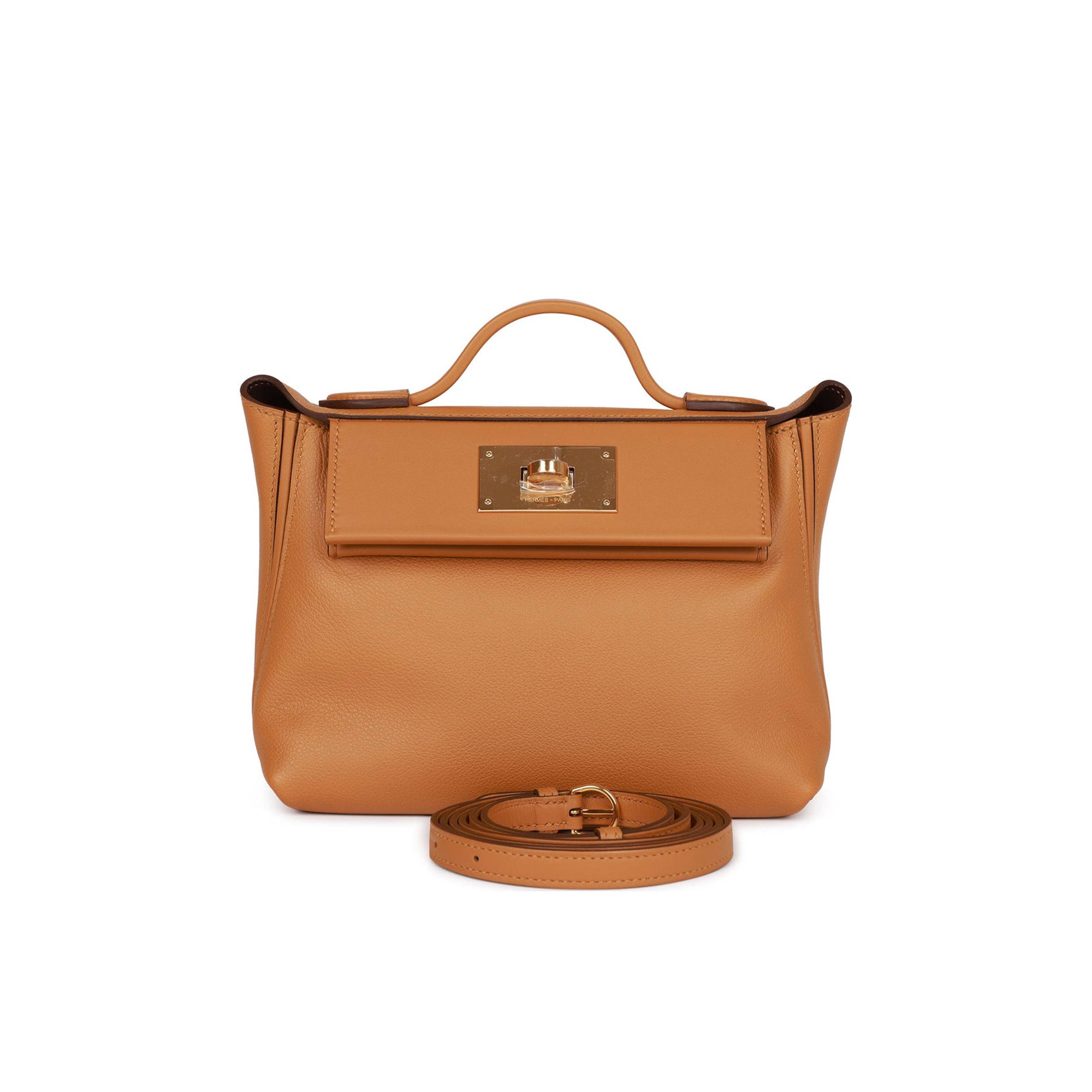 HERMES MINI 2424 BAG CARAMEL EVERCOLOR AND SESAME SWIFT VERSO GOLD HARDWARE (23*17*11cm)