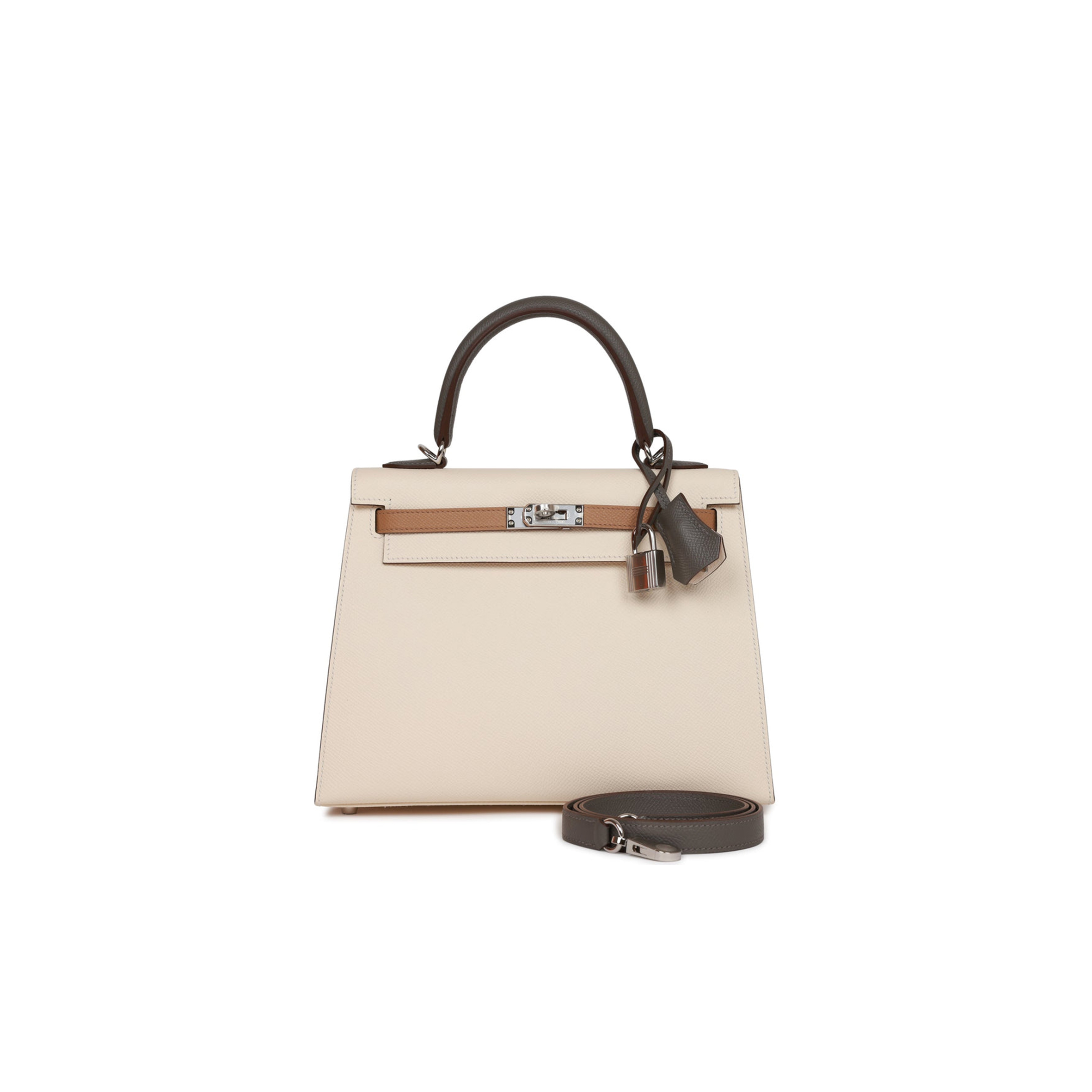 HERMES KELLY SELLIER 25 TRI-COLOR NATA, CHAI AND GRIS MEYER EPSOM PALLADIUM HARDWARE (25*17*7cm)