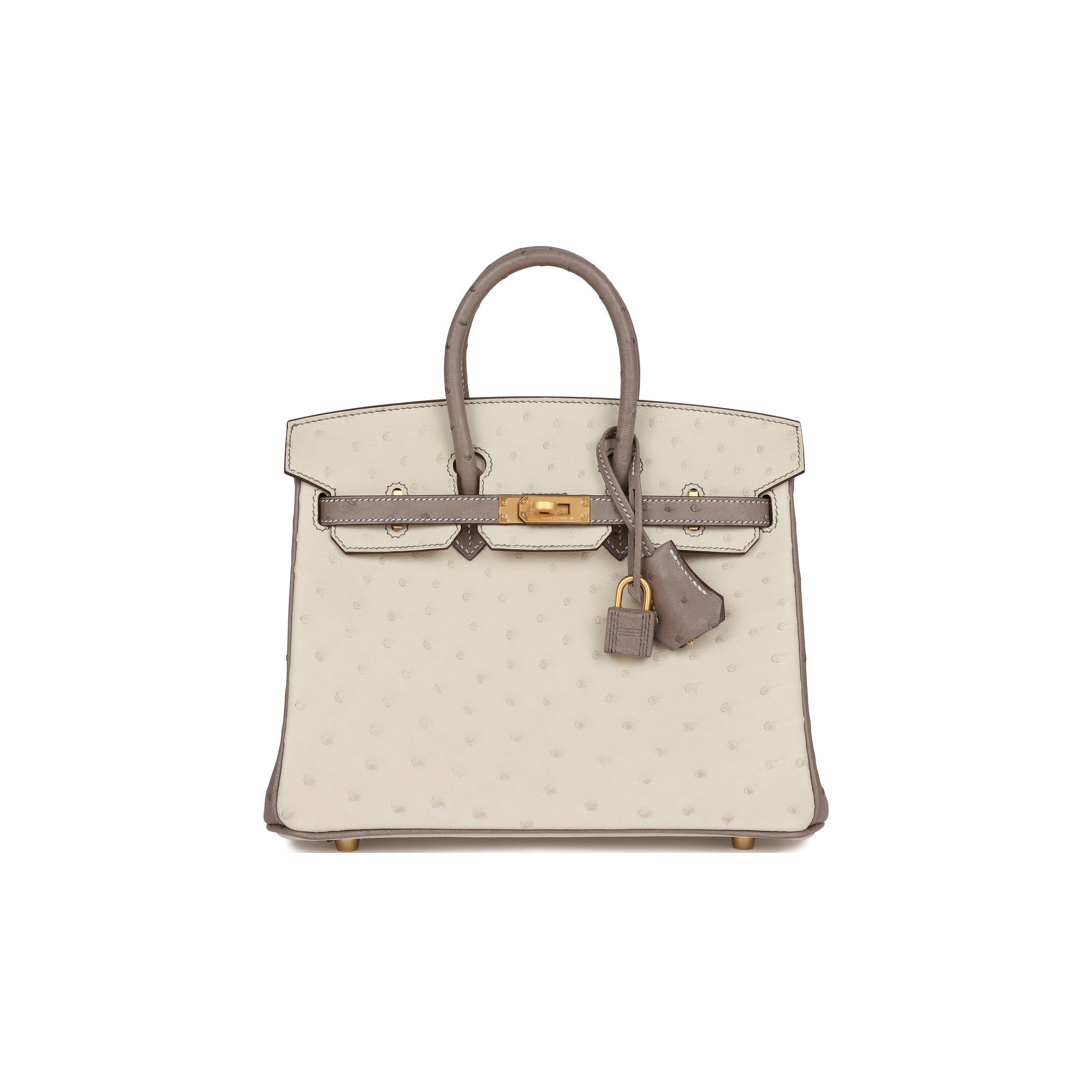 HERMES SPECIAL ORDER (HSS) BIRKIN 25 BETON AND GRIS ASPHALTE OSTRICH BRUSHED GOLD HARDWARE HANDMADE (25cm)