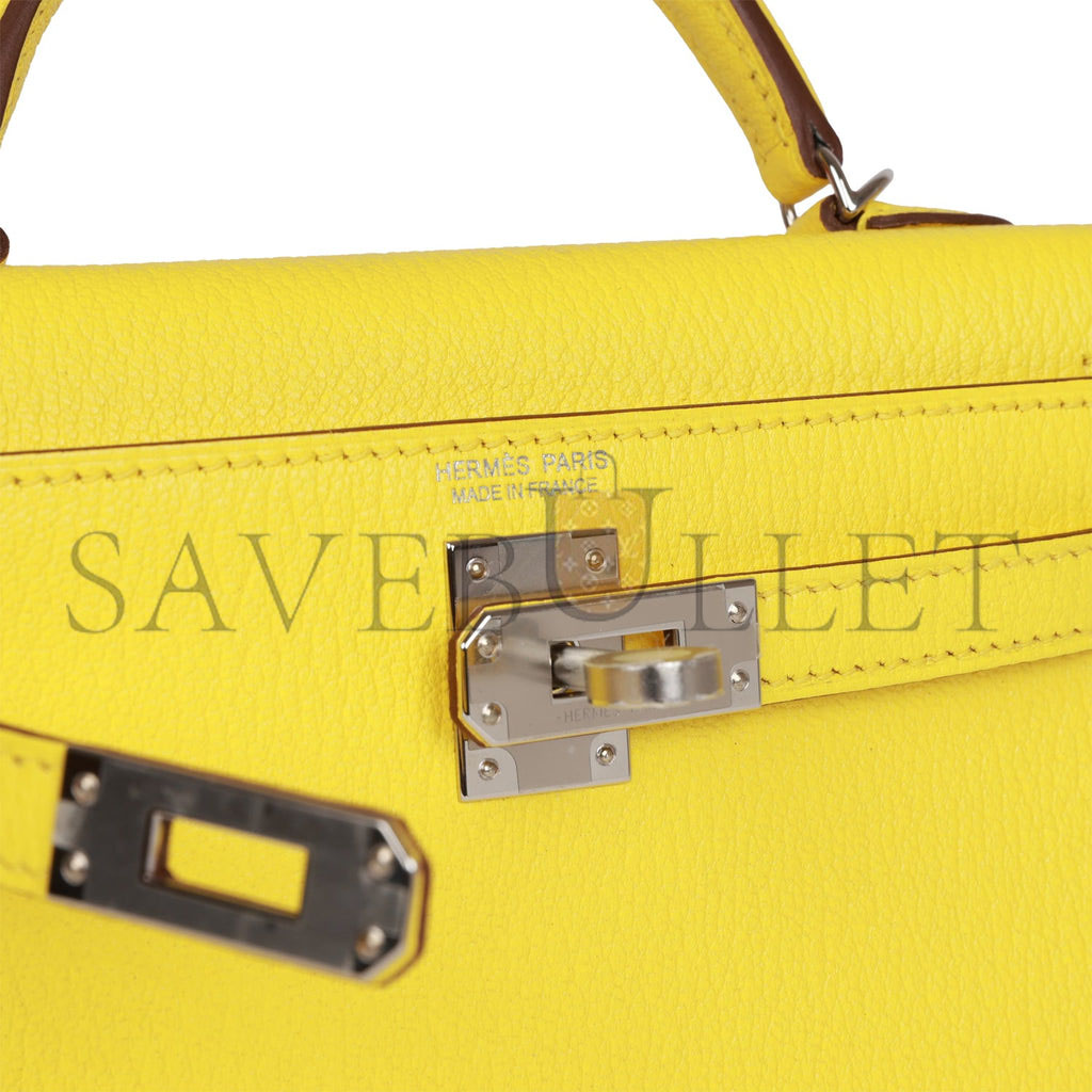 HERMES MINI KELLY SELLIER 20 JAUNE CITRON CHÈVRE PALLADIUM HARDWARE (19*12*5.5cm)