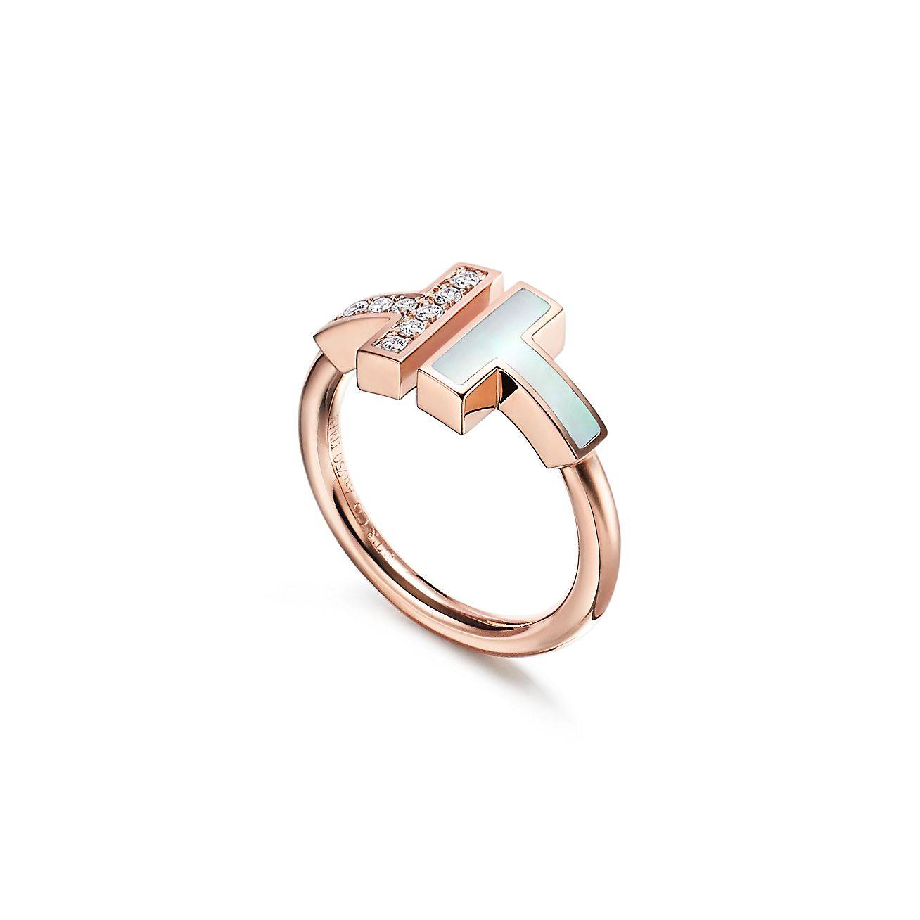 TIFFANY T WIRE RING IN ROSE GOLD WITH DIAMONDS AND MOTHER-OF-PEARL