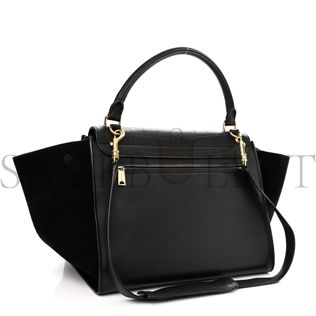 CELINE CROCODILE EMBOSSED CALFSKIN SUEDE MEDIUM TRAPEZE BLACK (30*25*18cm)