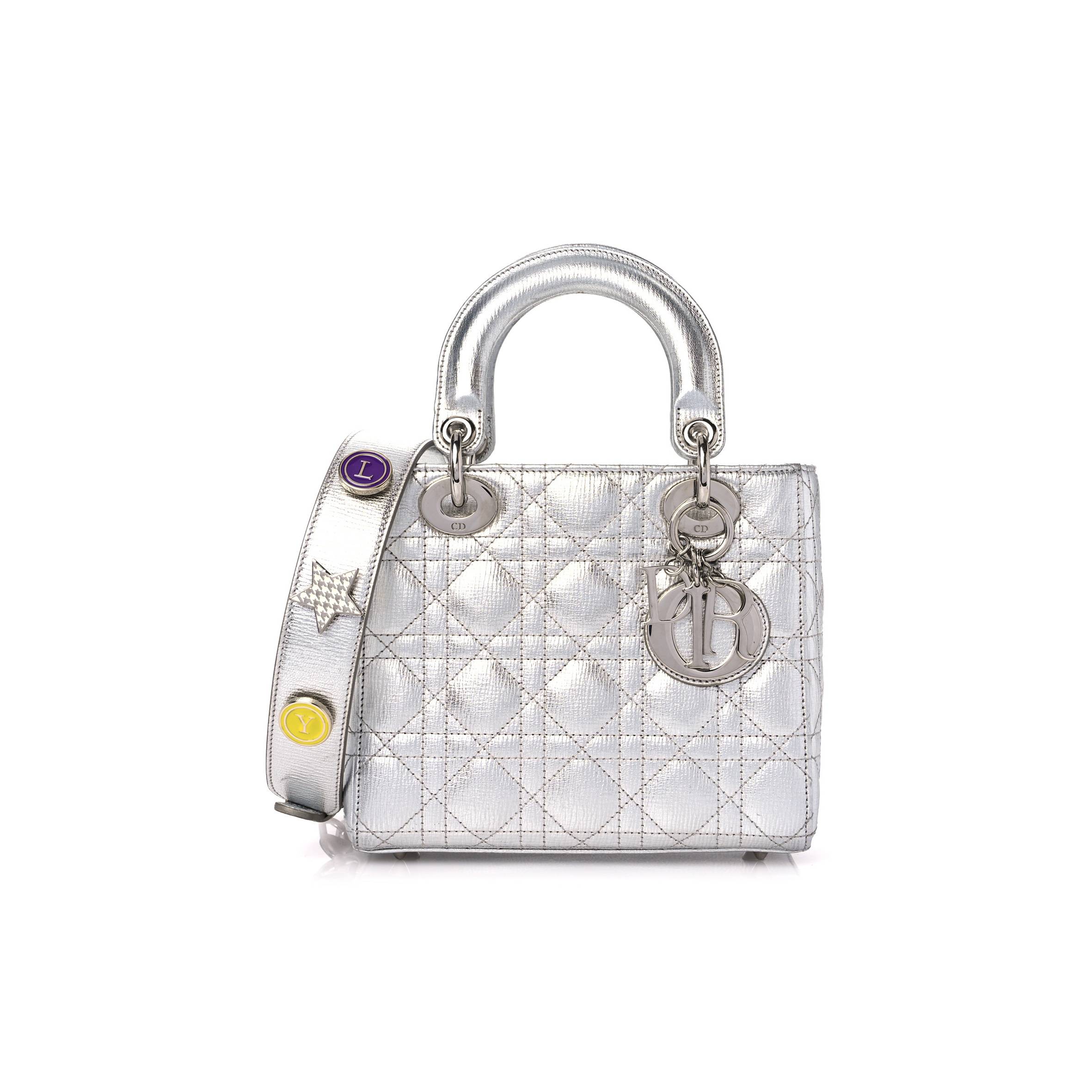 DIOR METALLIC GRAINED CALFSKIN CANNAGE SMALL MY LADY DIOR SILVER (20*18*8.3cm)