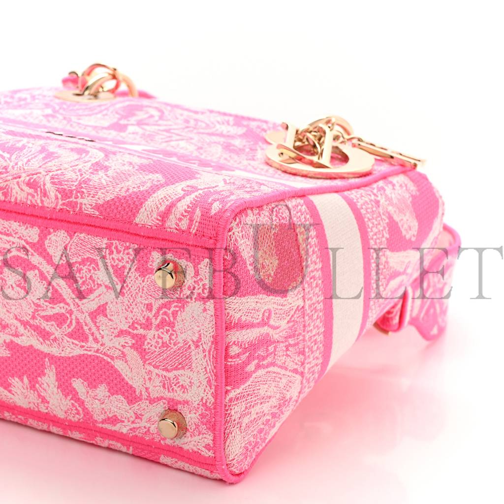 DIOR CANVAS TOILE DE JOUY REVERSE EMBROIDERED MEDIUM LADY D-LITE FLUORESCENT PINK (24*20*11cm)