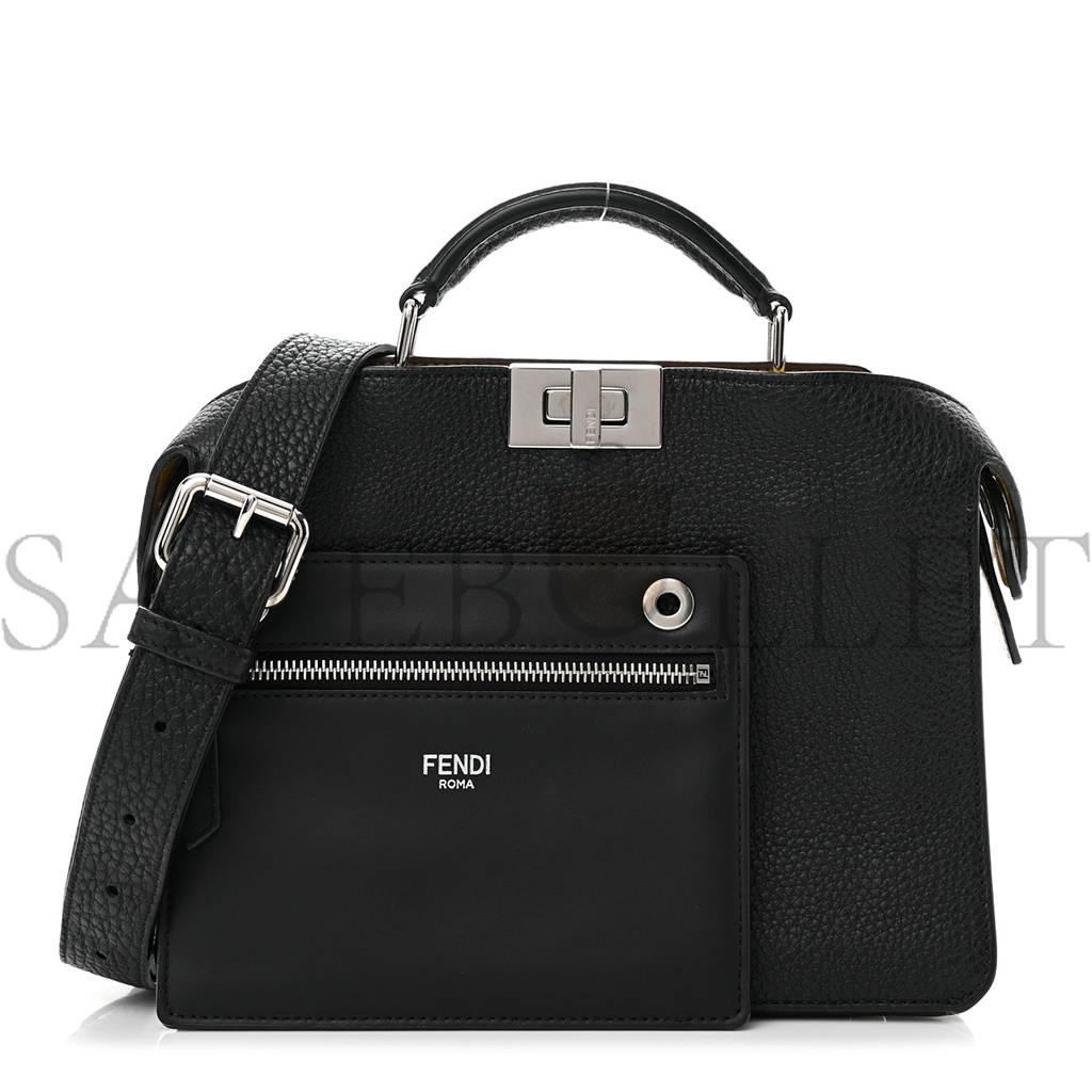 FENDI CUOIO ROMANO VITELLO GRACE LIGHT GLAZED FABRIC BI-COLOR FF 1974 MINI PEEKABOO I SEE U SATCHEL BLACK (25*20*9cm)